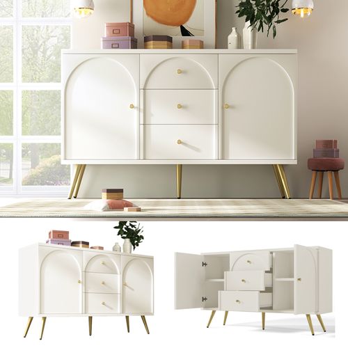 Buffet 3 Tiroirs 2 Portes Rangement Chambre Salon Métal Bois Blanc