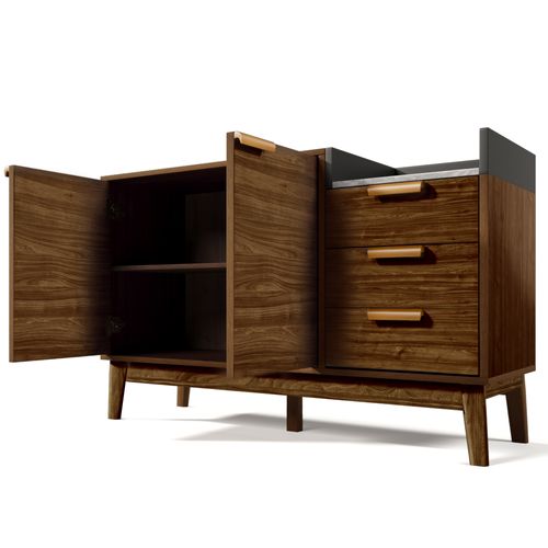 Buffet 3 Tiroirs, Portes, Rangement Ouvert, Pieds Bois Massif, Plateau Effet Marbre, Chêne Clair