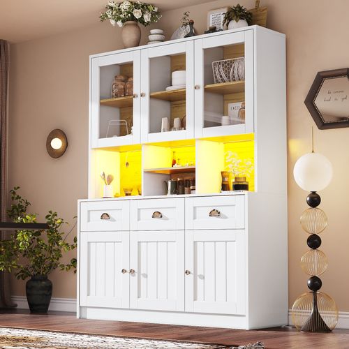 Buffet Haut LED Vitrine De Cuisine Avec Étagères Réglables Et Meuble De Rangement, Mdf, Blanc