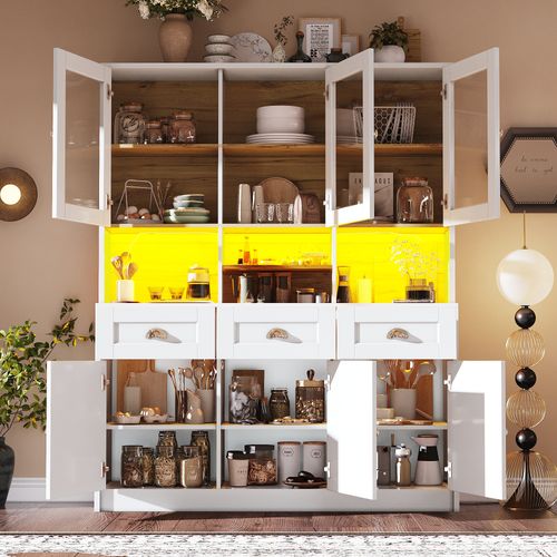 Buffet Haut LED Vitrine De Cuisine Avec Étagères Réglables Et Meuble De Rangement, Mdf, Blanc