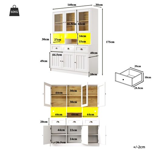 Buffet Haut LED Vitrine De Cuisine Avec Étagères Réglables Et Meuble De Rangement, Mdf, Blanc