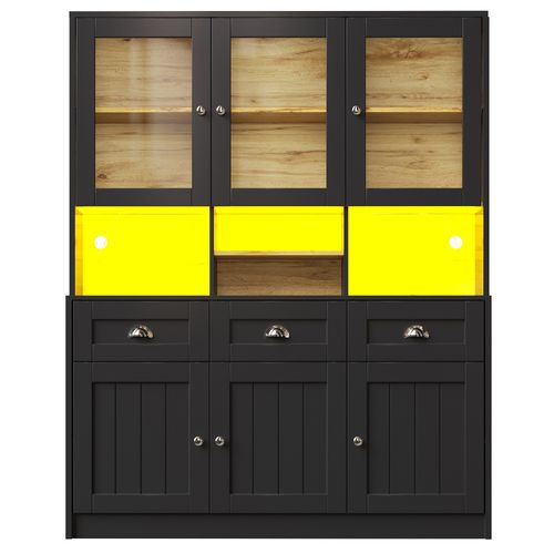 Buffet Haut LED Vitrine De Cuisine Avec Étagères Réglables Et Meuble De Rangement, Mdf, Noir