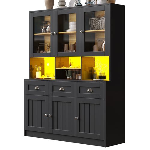 Buffet Haut LED Vitrine De Cuisine Avec Étagères Réglables Et Meuble De Rangement, Mdf, Noir