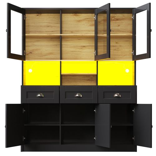 Buffet Haut LED Vitrine De Cuisine Avec Étagères Réglables Et Meuble De Rangement, Mdf, Noir