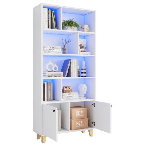 Étagère Bibliothèque En Bois De Pin Et Mdf Avec 4 Étagères, 2 Portes Et Télécommande LED, Blanc