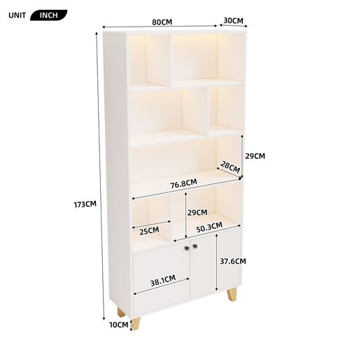 Étagère Bibliothèque En Bois De Pin Et Mdf Avec 4 Étagères, 2 Portes Et Télécommande LED, Blanc