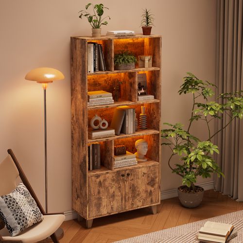 Étagère Bibliothèque En Bois De Pin Et Mdf Avec 4 Étagères, 2 Portes Et Télécommande LED, Brun