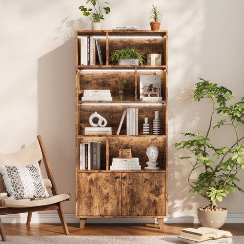 Étagère Bibliothèque En Bois De Pin Et Mdf Avec 4 Étagères, 2 Portes Et Télécommande LED, Brun