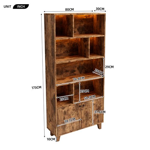 Étagère Bibliothèque En Bois De Pin Et Mdf Avec 4 Étagères, 2 Portes Et Télécommande LED, Brun