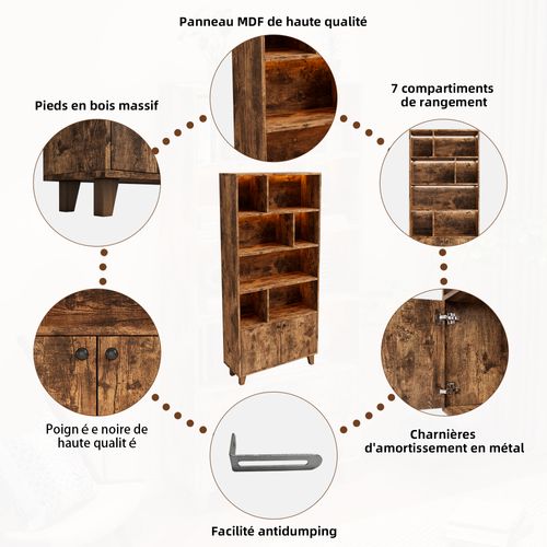 Étagère Bibliothèque En Bois De Pin Et Mdf Avec 4 Étagères, 2 Portes Et Télécommande LED, Brun