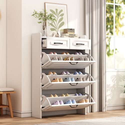 Meuble à Chaussures Avec Rangement Et Armoire Pivotante, Spanplatte Solide, Poignées Métal, Blanc