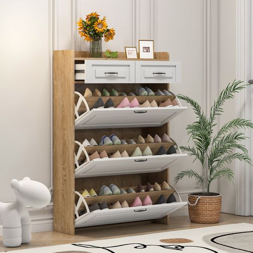 Meuble à Chaussures Avec 3 Compartiments Et 2 Tiroirs, Design Pivotant, Mdf, Blanc Naturel