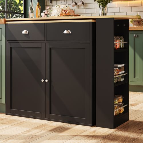 Table à Manger Pivotante 360° Avec 2 Tiroirs, Meuble De Rangement Mdf, Noir + Naturel