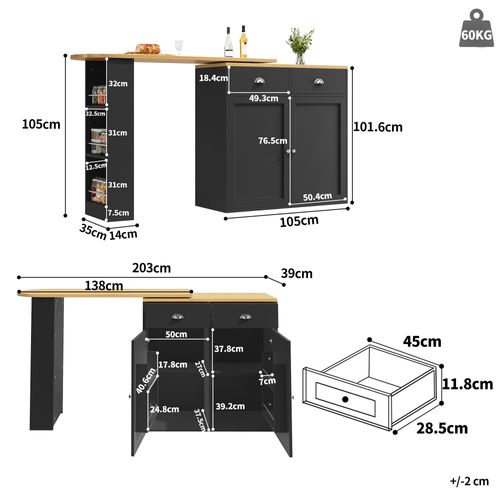 Table à Manger Pivotante 360° Avec 2 Tiroirs, Meuble De Rangement Mdf, Noir + Naturel