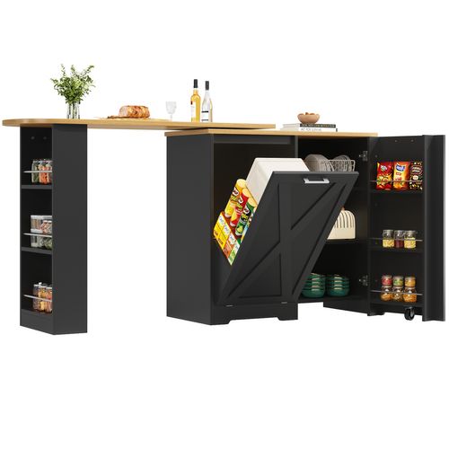 Table à Manger Pivotante 360° Avec Étagères Latérales, Meuble Rangement Mdf, Noir/naturel