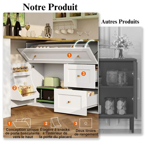 Table à Manger - Table Haute Extensible Avec Rangement, Meuble Bar Îlot Cuisine, Mdf Métal, Blanc