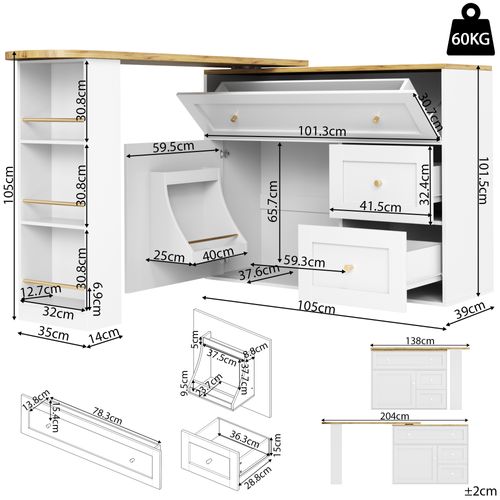 Table à Manger - Table Haute Extensible Avec Rangement, Meuble Bar Îlot Cuisine, Mdf Métal, Blanc
