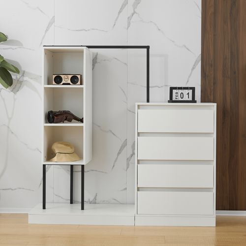 Dressing Ouvert Multifonction Avec Tringle, Tiroirs, Étagères Et Penderie - Blanc