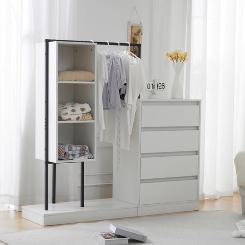 Dressing Ouvert Multifonction Avec Tringle, Tiroirs, Étagères Et Penderie - Blanc