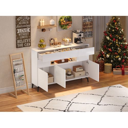 Buffet Moderne Avec 3 Tiroirs, LED, Mdf Blanc Brillant, Pieds Métal - 5 Pieds