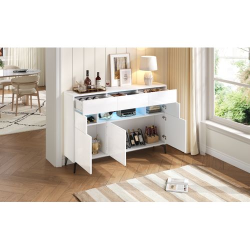 Buffet Moderne Avec 3 Tiroirs, LED, Mdf Blanc Brillant, Pieds Métal - 5 Pieds