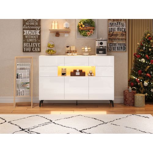 Buffet Moderne Avec 3 Tiroirs, LED, Mdf Blanc Brillant, Pieds Métal - 5 Pieds