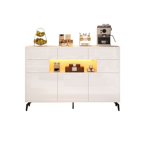 Buffet Moderne Avec 3 Tiroirs, LED, Mdf Blanc Brillant, Pieds Métal - 5 Pieds