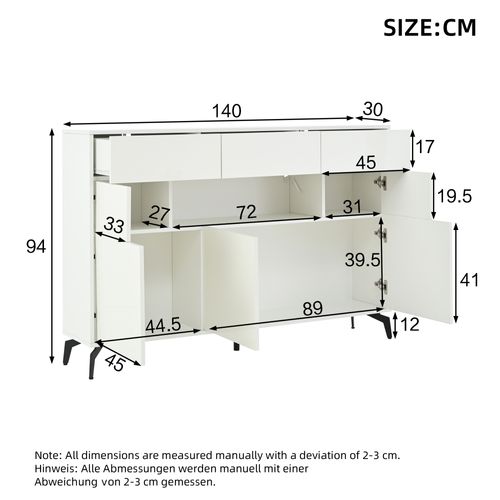 Buffet Moderne Avec 3 Tiroirs, LED, Mdf Blanc Brillant, Pieds Métal - 5 Pieds