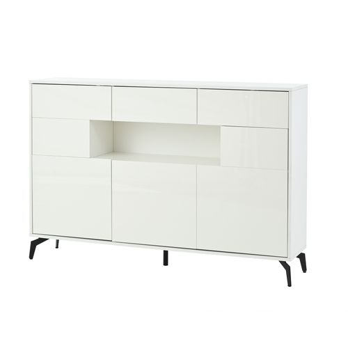 Buffet Moderne Avec 3 Tiroirs, LED, Mdf Blanc Brillant, Pieds Métal - 5 Pieds