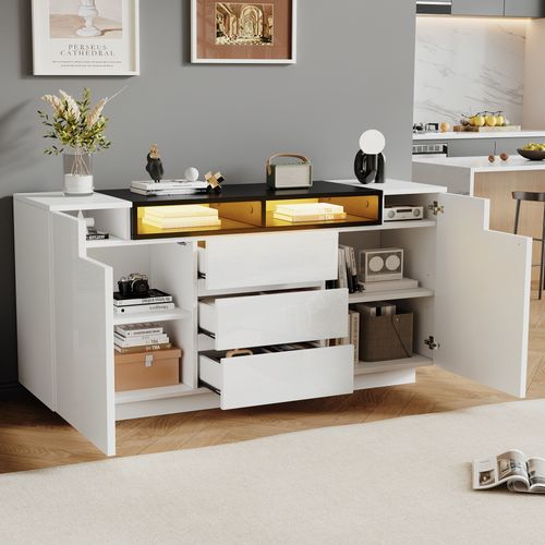 Buffet Avec 2 Portes, 3 Tiroirs, Étagères Réglables Et LED Intégré - Blanc/noir