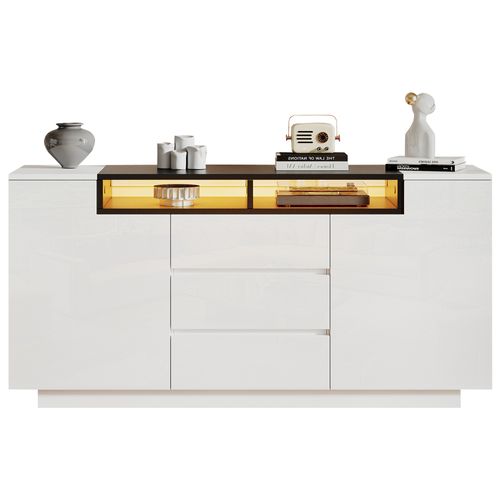 Buffet Avec 2 Portes, 3 Tiroirs, Étagères Réglables Et LED Intégré - Blanc/noir