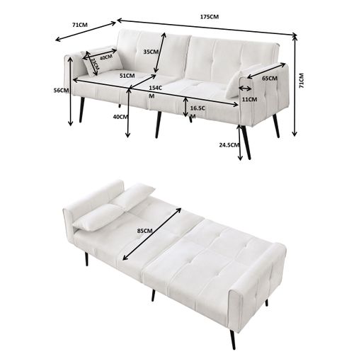Canapé Convertible 2 Places En Tissu Blanc Doux, Structure Bois Et Pieds Métal, Confortable