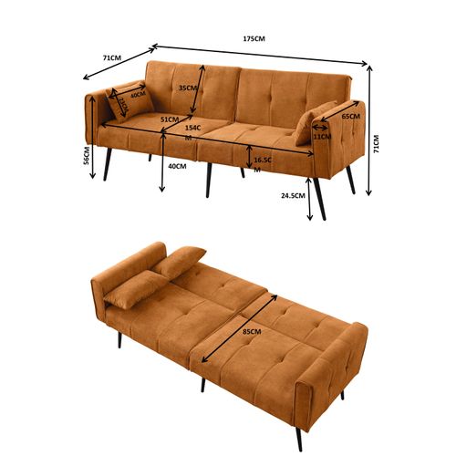 Canapé Convertible Double 2 Places En Tissu Orange Doux, Structure Bois Et Pieds Métal, Confortable