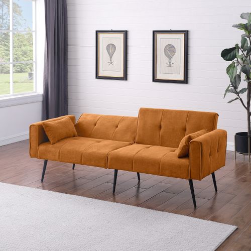 Canapé Convertible Double 2 Places En Tissu Orange Doux, Structure Bois Et Pieds Métal, Confortable