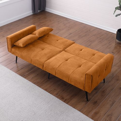 Canapé Convertible Double 2 Places En Tissu Orange Doux, Structure Bois Et Pieds Métal, Confortable