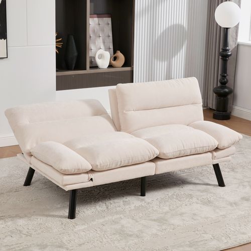 Canapé Convertible Double 2 Places, Tissu Chenille Beige Avec Dossier Réglable Et Pieds En Métal