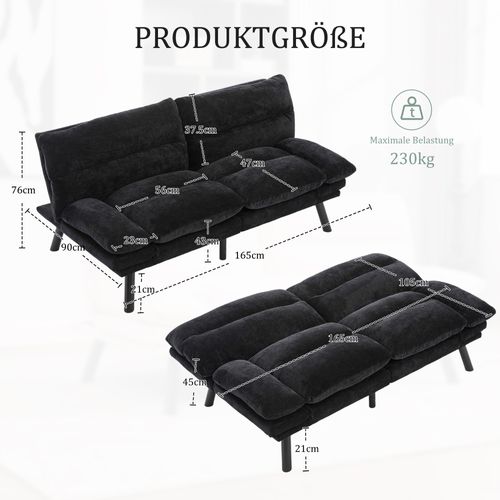 Canapé Convertible 2 Places Avec Dossier Réglable Et Pieds En Métal, Tissu Chenille Noir