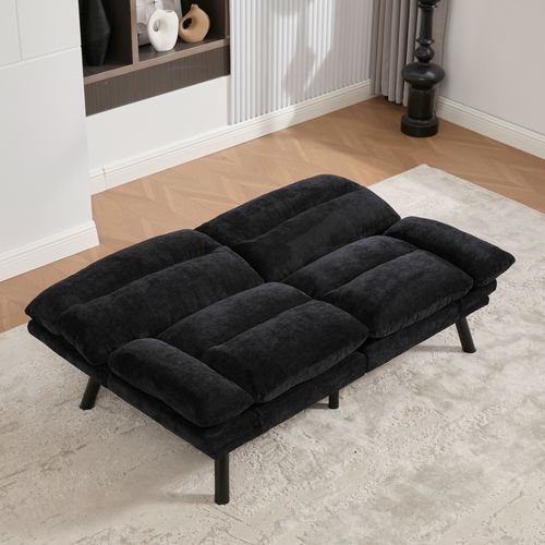 Canapé Convertible 2 Places Avec Dossier Réglable Et Pieds En Métal, Tissu Chenille Noir