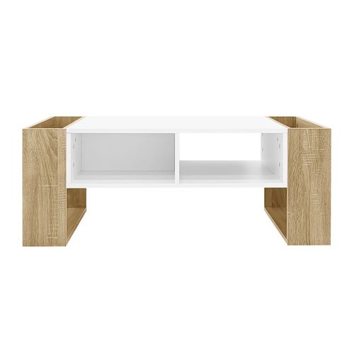 Table Basse Moderne Bois Et Blanc Avec Grande Rangement Et Surface Haut Brillant, Niche Et Tiroir