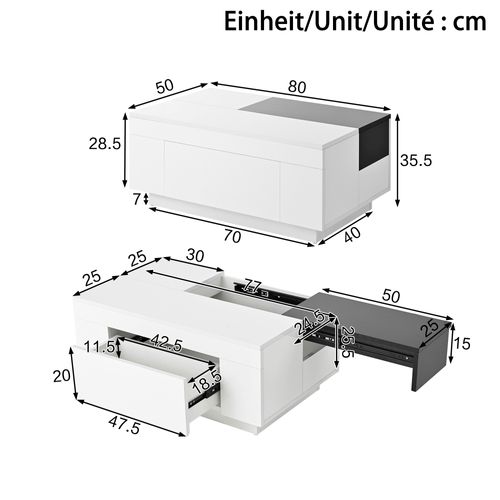 Table Basse Extensible Blanche Et Noire Avec LED, Tiroir Et Espace De Rangement Caché