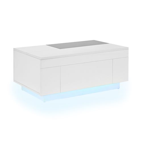 Table Basse Extensible Blanche Et Noire Avec LED, Tiroir Et Espace De Rangement Caché