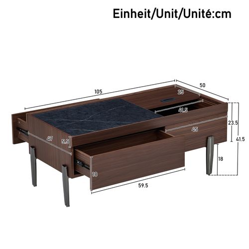 Table Basse Bois Foncé Avec Rangement Caché, 2 Tiroirs, Verre Et Plateau Coulissant, Effet Marbre