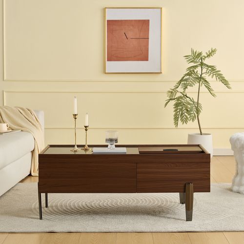 Table Basse Bois Foncé Avec Rangement Caché, 2 Tiroirs, Verre Et Plateau Coulissant, Effet Marbre