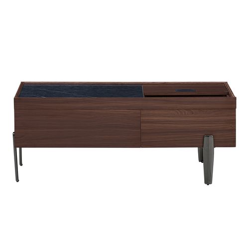 Table Basse Bois Foncé Avec Rangement Caché, 2 Tiroirs, Verre Et Plateau Coulissant, Effet Marbre