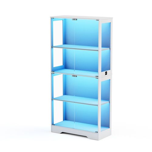 Vitrine Blanche Haut.165 Cm LED, Capteur De Mouvement, 4 Portes Vitrées