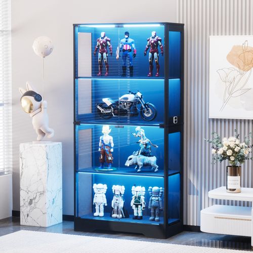 Vitrine LED En Verre Noire Haut.165 Cm, Capteur De Mouvement, 4 Portes Vitrées, 4 Étagères