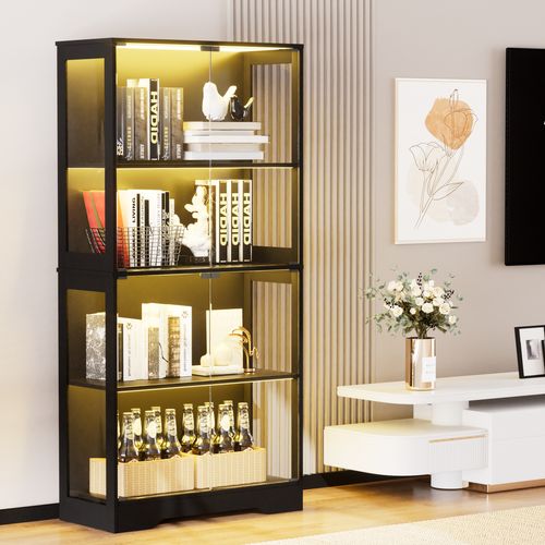 Vitrine LED En Verre Noire Haut.165 Cm, Capteur De Mouvement, 4 Portes Vitrées, 4 Étagères