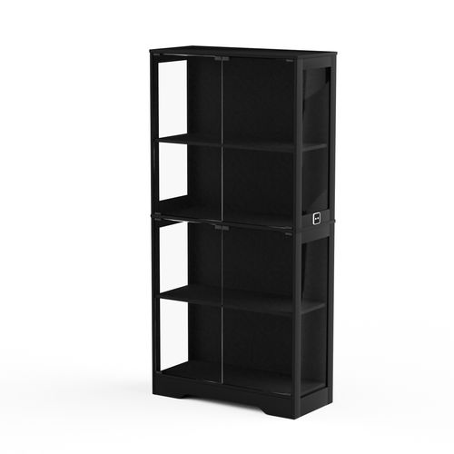 Vitrine LED En Verre Noire Haut.165 Cm, Capteur De Mouvement, 4 Portes Vitrées, 4 Étagères