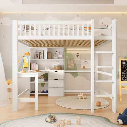 Lit Mezzanine Enfant 140x200 Cm Avec Bureau, Rangements, Échelle, 3 Tiroirs, Blanc