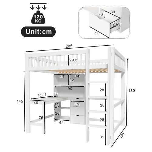 Lit Mezzanine Enfant 140x200 Cm Avec Bureau, Rangements, Échelle, 3 Tiroirs, Blanc